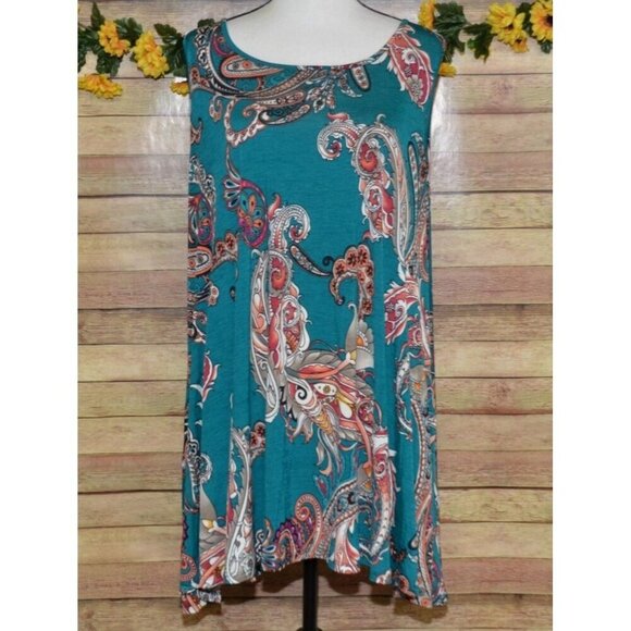 VOLL Boutique Teal Paisleys Sleeveless Flowy Blouse Top Plus Size 3X Pockets - Picture 1 of 11